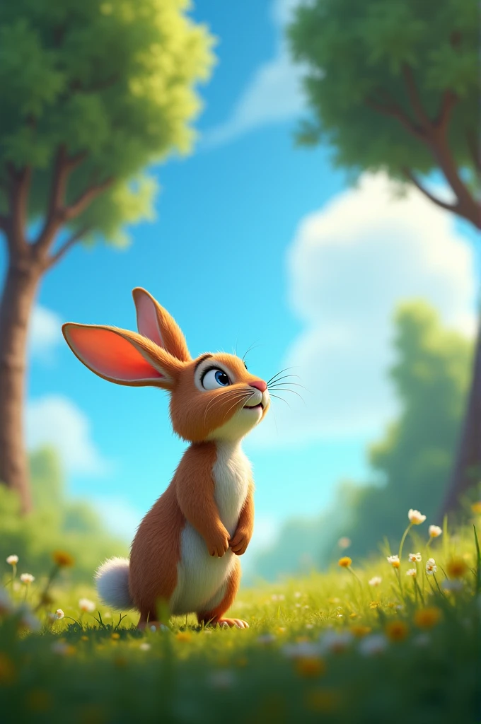 In cinematic 3d cartoon style "The rabbit looks amazed as it gazes down at the world below, seeing the treetops and the beauty of nature from a new perspective. The scene captures the joy of friendship and discovery. "
