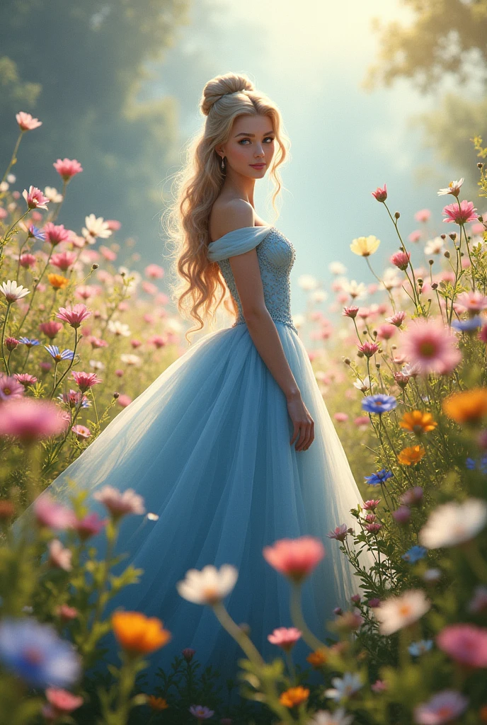 Cinderella facing forward in a flower field