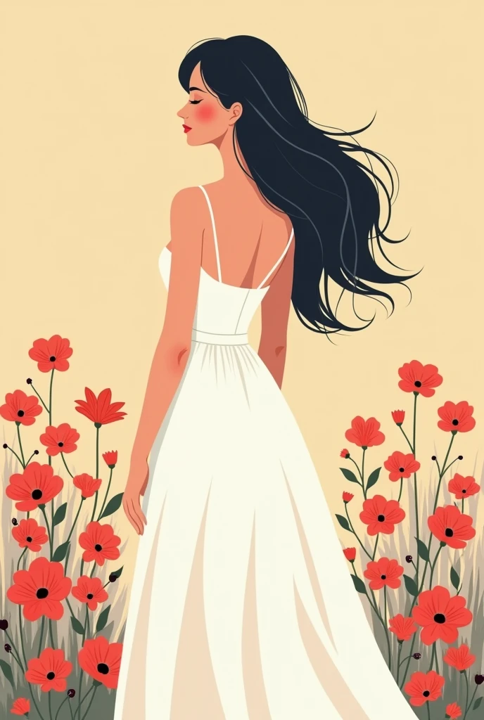 A woman solo in a white dress. Summer, nostalgic, simple and beautiful color scheme, flat color, flowers, chic, red flowers, black hair