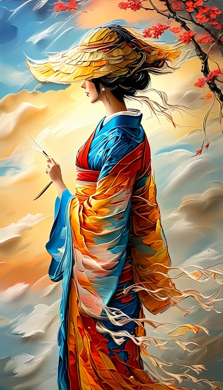 a beautiful japanese lady in a hand painted silk kimono with pearl threads, standing on the edge of a cliff, looking at the sunset, with her kimono trailing into the fractal clouds, holding a paintbrush in her hands, painting the clouds, neoclassical oil painting, photorealistic, dramatic lighting, warm color palette, detailed fabric textures, intricate kimono patterns, glowing sunset sky, wispy fractal clouds, detailed facial features, intense gaze, graceful pose, masterpiece, 8k, best quality