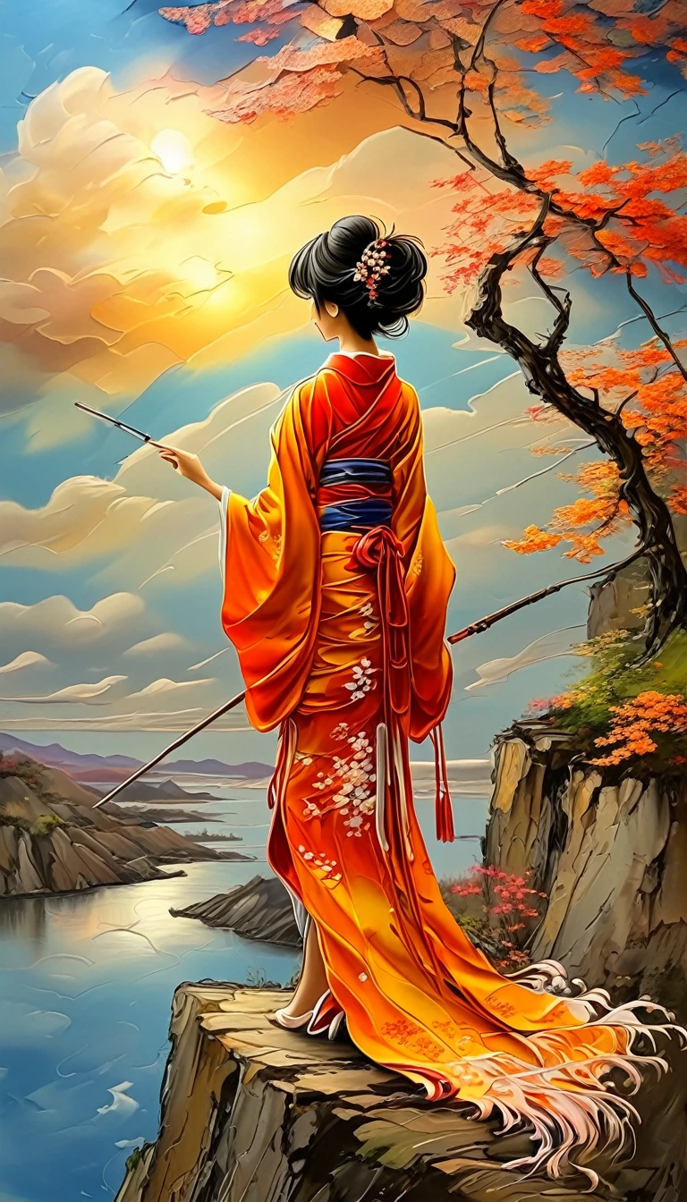 a beautiful japanese lady in a hand painted silk kimono with pearl threads, standing on the edge of a cliff, looking at the sunset, with her kimono trailing into the fractal clouds, holding a paintbrush in her hands, painting the clouds, neoclassical oil painting, photorealistic, dramatic lighting, warm color palette, detailed fabric textures, intricate kimono patterns, glowing sunset sky, wispy fractal clouds, detailed facial features, intense gaze, graceful pose, masterpiece, 8k, best quality