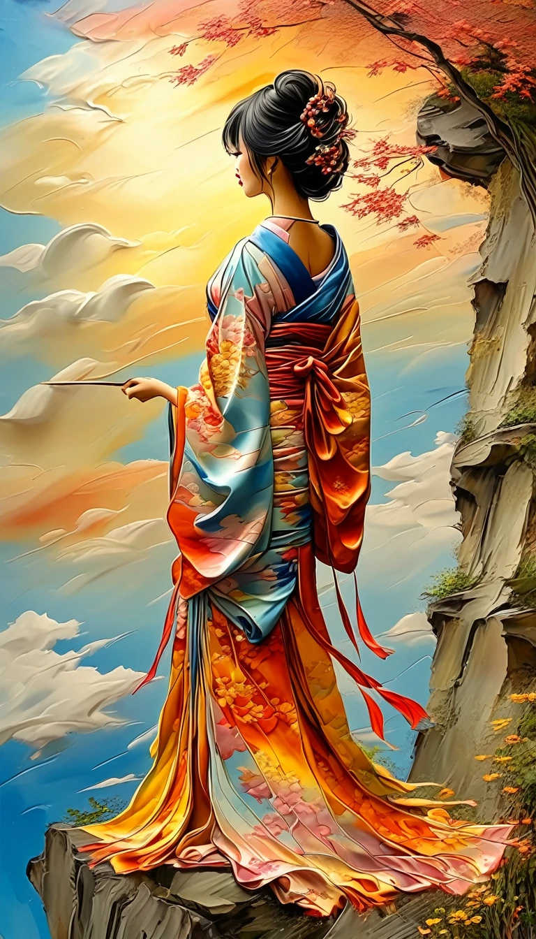 a beautiful japanese lady in a hand painted silk kimono with pearl threads, standing on the edge of a cliff, looking at the sunset, with her kimono trailing into the fractal clouds, holding a paintbrush in her hands, painting the clouds, neoclassical oil painting, photorealistic, dramatic lighting, warm color palette, detailed fabric textures, intricate kimono patterns, glowing sunset sky, wispy fractal clouds, detailed facial features, intense gaze, graceful pose, masterpiece, 8k, best quality