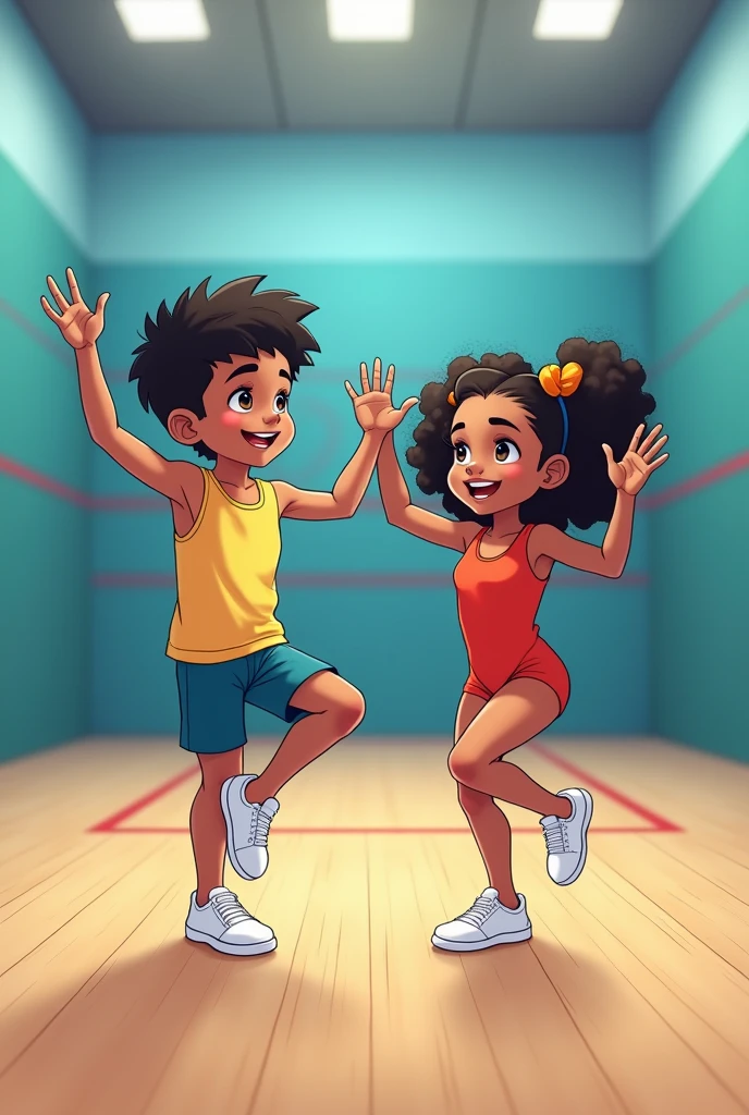 One Indian boy aged 9  wearing a vest, shorts, and white rubber shoes doing Aerobic Gymnastics. one african girl with curly hair aged 8 wearing a leotard doing Aerobic Gymnastics in a squash court and wearing white rubber shoes.  Anime style. 