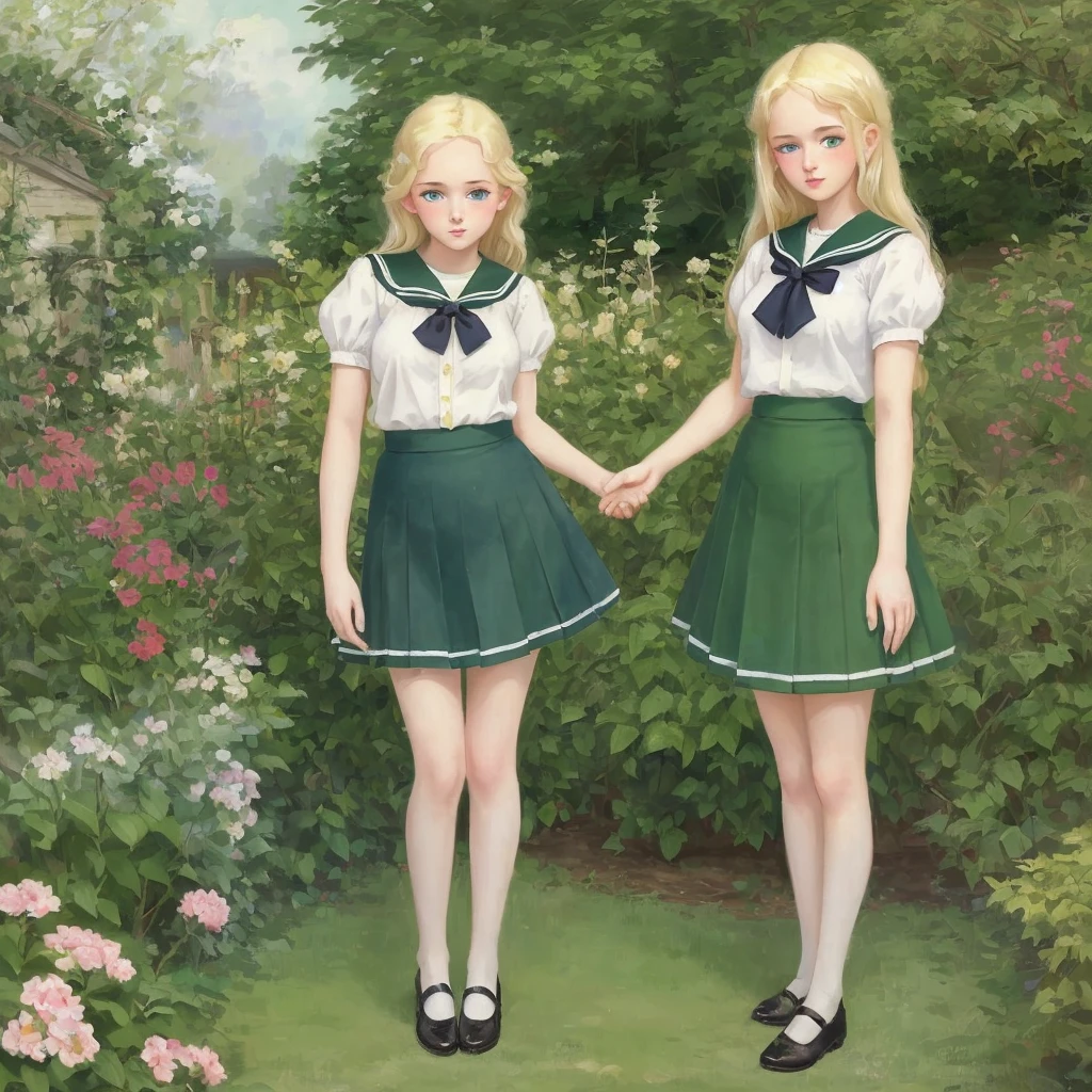 7 girls, long hair, Big , Blushing, blond, Green-eyed sailor suit short skirt 1933 style cute and beautiful girl 18 years old in the garden beautiful long legs high resolution, best quality, masterpiece, Lift skirt mini skirt