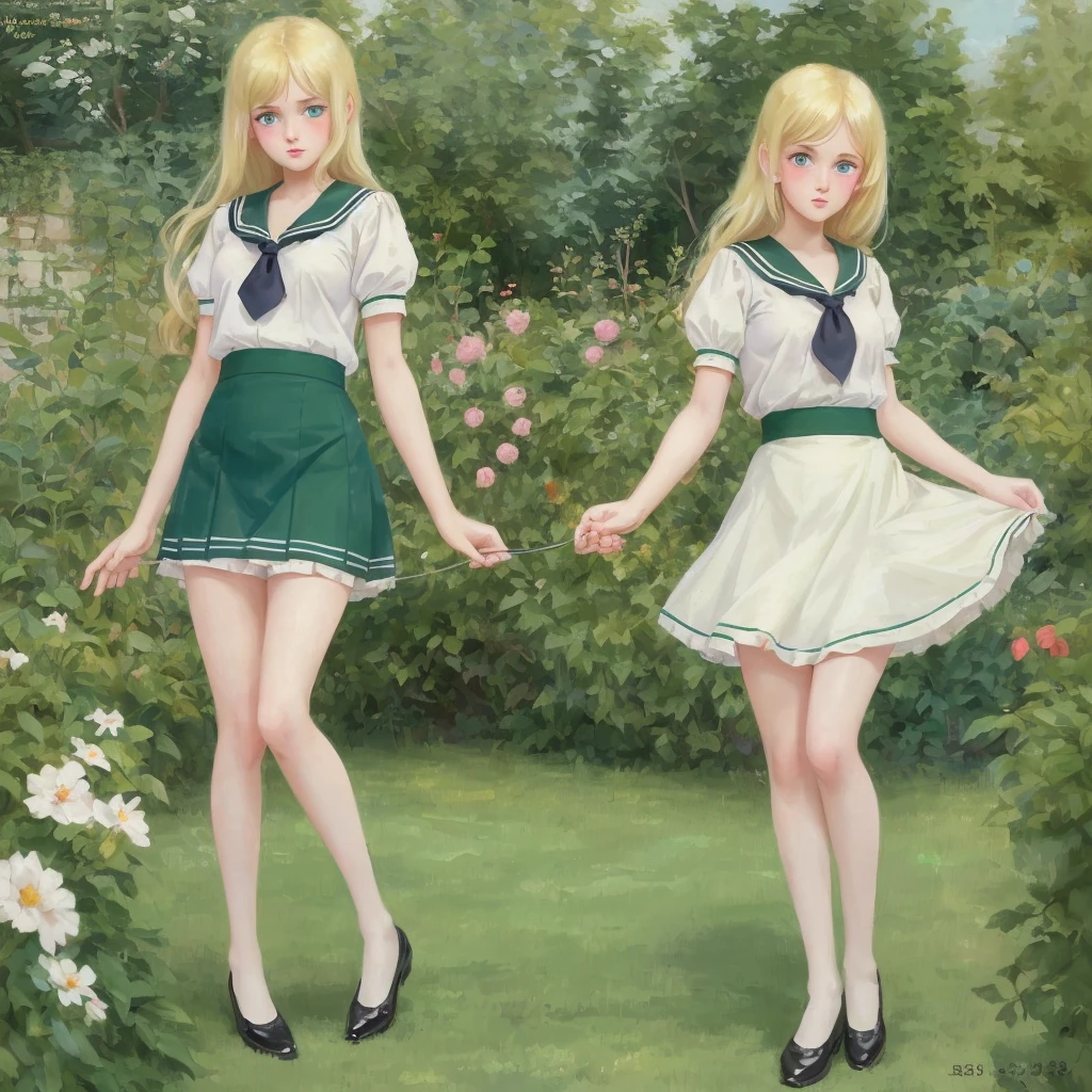 7 girls, long hair, Big , Blushing, blond, Green-eyed sailor suit short skirt 1933 style cute and beautiful girl 18 years old in the garden beautiful long legs high resolution, best quality, masterpiece, Lift skirt mini skirt