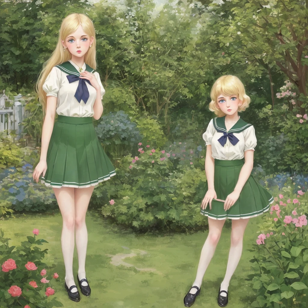 7 girls, long hair, Big , Blushing, blond, Green-eyed sailor suit short skirt 1933 style cute and beautiful girl 18 years old in the garden beautiful long legs high resolution, best quality, masterpiece, Lift skirt mini skirt