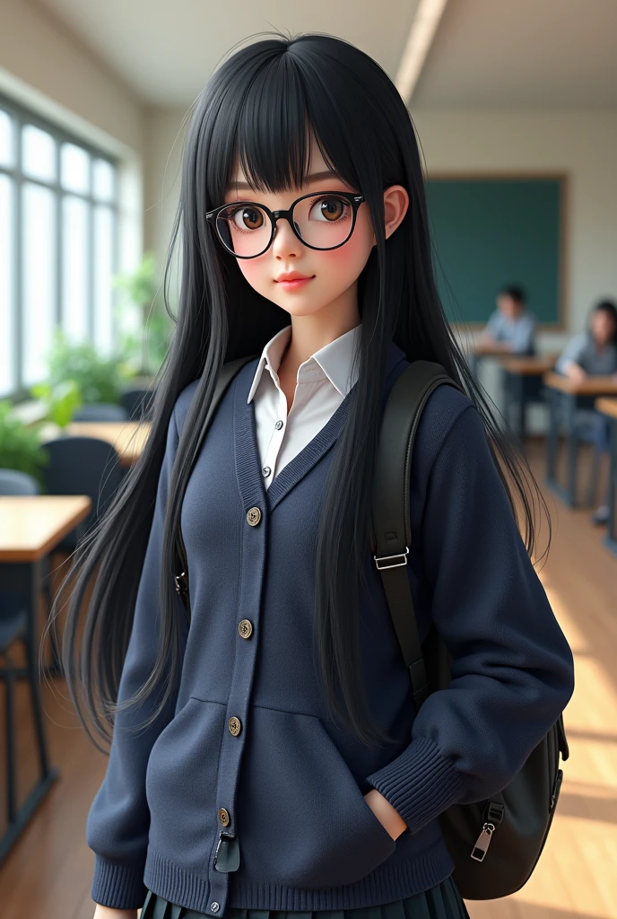 Girl with long black hair with glasses and school clothes in 3D