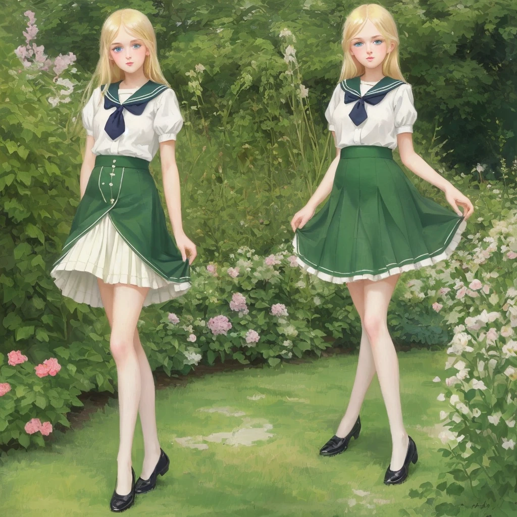 7 girls, long hair, Big , Blushing, blond, Green-eyed sailor suit short skirt 1933 style cute and beautiful girl 18 years old in the garden beautiful long legs high resolution, best quality, masterpiece, Lift skirt mini skirt