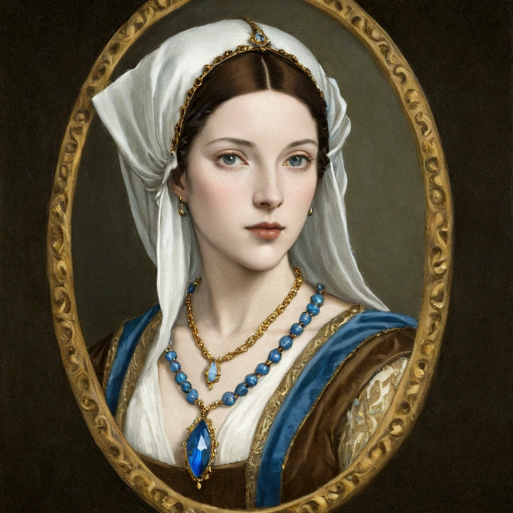 arafed picture of a woman with a white headdress and a blue and gold necklace, renaissance digital painting, in the art style of bowater, inspired by Hans Holbein the Elder, masterpiece! portrait of arwen, inspired by Hans Holbein the Younger, baroque digital painting, inspired by Jeanne Hébuterne, portrait of princess, princess portrait,tudor hat,1500s