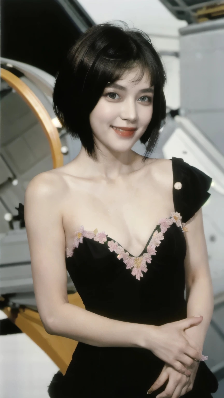 268 (20-year-old princess,Are standing), ((short hair:1.46)), (chest:1.46), Old-fashioned smile, (flower), (Spaceship:1.46)