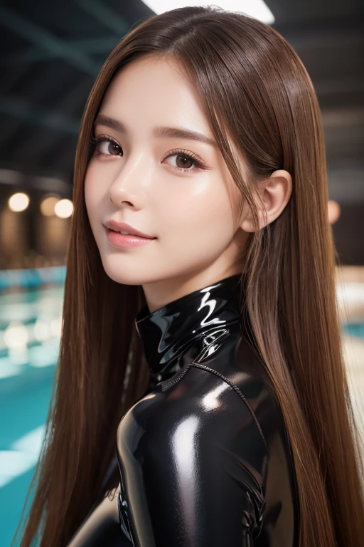 Latex bodysuit、Knee-high boots、Huge 、Long brown hair、Shiny, Oily skin、Glowing Skin、Indoor competition pool、White skin、Flying debris, Highest quality, Realistic, Very detailed, finely, High resolution, 8K デンデ wallpaper, One beautiful woman,, Light brown messy hair, Wear a business suit, Sharp focus, Perfect dynamic composition, Beautiful and detailed, Detailed Hair, Detailed Realistic skin texture, smile, Close-up portrait, Model body type