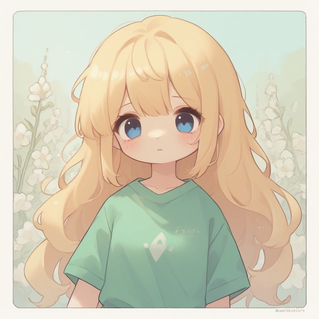 One girl ,High resolution, masterpiece, Long golden hair, blue eyes, green shirt、Shortcuts