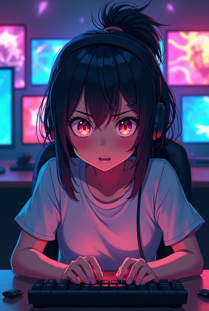 An anime girl playing a competitive online game, her eyes filled with determination.