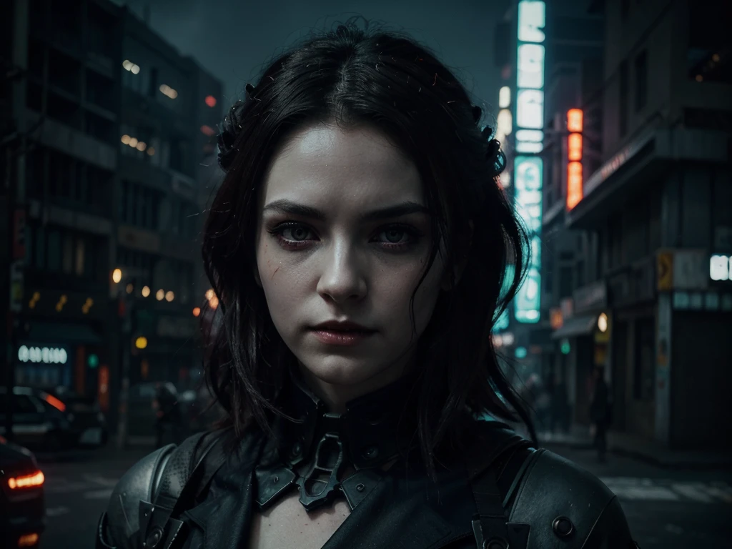 A luminous dystopian vampire in a digital anime, glowing with radiant menace against a backdrop of neon cityscape. The subject is a vampire, depicted in a digital painting. Their pale skin shimmers with an otherworldly glow, showcasing intricate cybernetic enhancements seamlessly blending with ancient fangs. Piercing crimson eyes gleam with hunger beneath a jagged crown of twisted metal, a stark contrast to their tattered cloak billowing in the digital wind. The image exudes an eerie beauty, capturing the essence of a dark future where the line between man and machine is blurred.