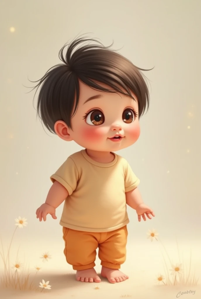 a , light brunette, cheeks pink and chubby, only 4 teeth in the jaw, smiling brightly, wearing white shirt and blue pants, sitting in a field,