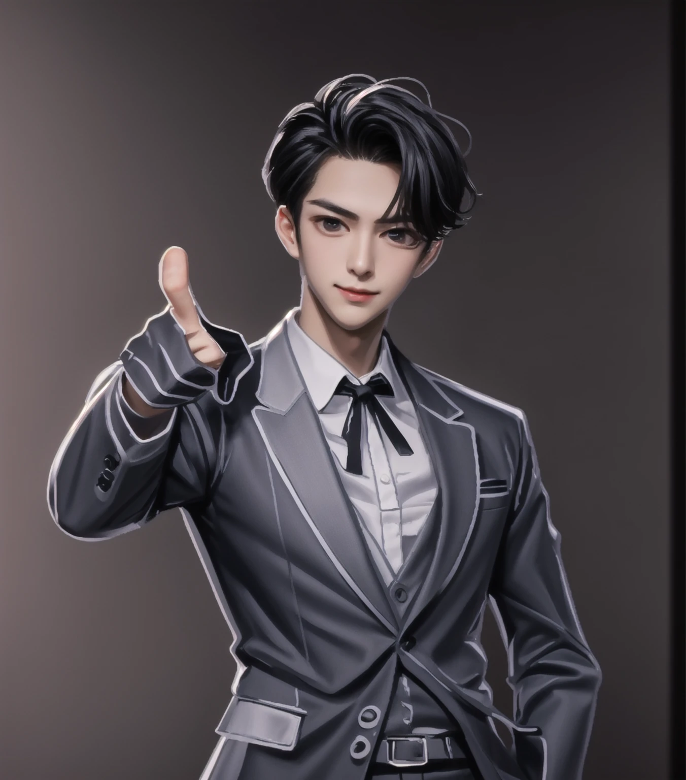 A boy with oval face shape with liter bread and undercut haircut and wear black business suit with rose Tay. He is sited in is office
