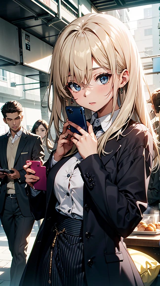 host, アニメのgood lookingな男, Looking at the audience, High resolution, Ultra Sharp, 8k, masterpiece, Very detailed, Highest quality, Male blonde, Expressive blue eyes, Given the, , , expressive brown eyes, Couple, good looking、Two people hugging each other、A woman holds a smartphone in her hand、Woman in white dress、The man has his shirt buttons open、A man in a black suit and white shirt、Look straight ahead、The woman is 30 years old、The man's hair color is golden、The woman's hair color is brown、There are two of us.、