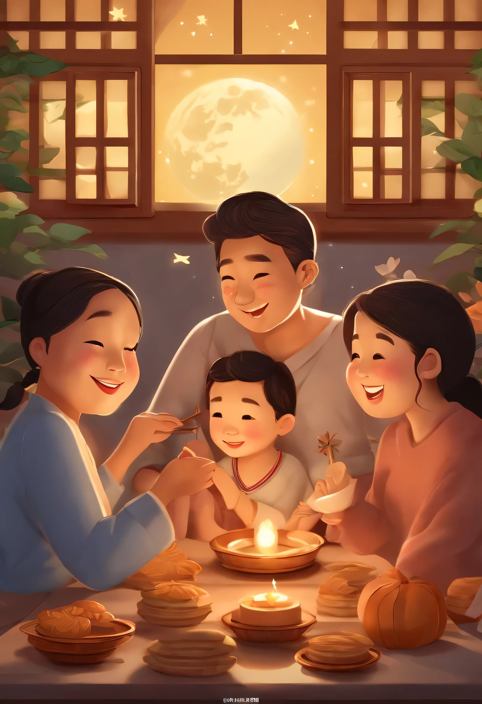 (top-quality、8K、tmasterpiece:1.3)、Mid-Autumn Festival scene,Full moon and stars in sky illustration,The family sits together eating mooncakes,Mom and dad laugh with the ,Have in the living room、Bright house scene,extremely detailed face and skin,Heartwarming scene,Bright house scene,extremely detailed face and skin,Heartwarming scene,perfect detail, flatillustration, 8 K cartoon illustration