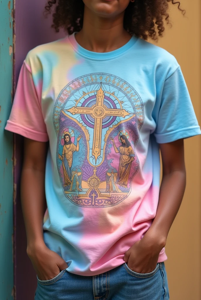 colored pastel tshirt that has deaign related to church