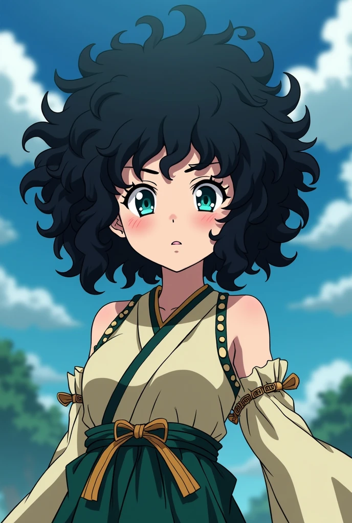 screeshot kimetsu no yaiba anime stlye character, woman with black curly hair with a lot of volume on it, aqua eyes and chubby body, in a battle pone in a perspective from underneath