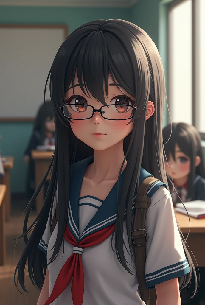 ((((School、evening、an empty classroom)))、、 girls、((((((Press your crotch against the corner of the desk)))))(blush:1.2、embarrassing、expression of ecstasy、slender body)、low length、((((((Eyes hidden by long bangs:1.2))))))、((([(freckles、long black hair:1.2　hair band))))(((black rim glasses:1.2　black eye)))、locker、looking here、Side view、whole body,official art、High resolution、hyper detail、