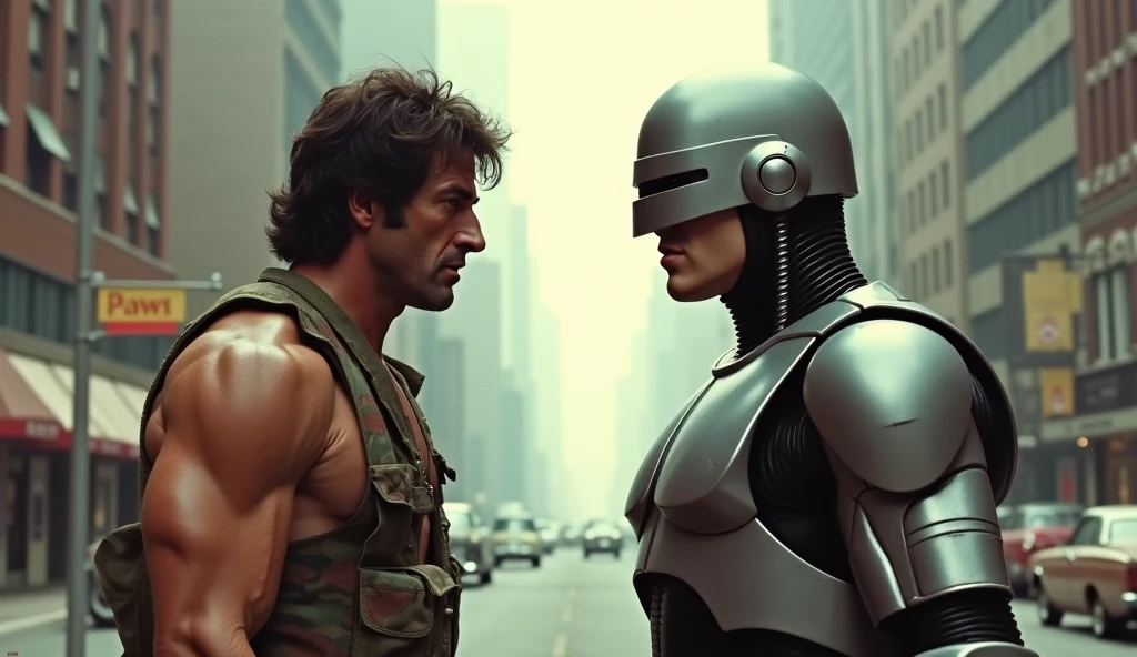 Illustrate Sylvester Stallone as Rambo in his camo outfit and Robocop in his armor. Set them against a 1960s backdrop with classic cars and buildings. Use soft colors. Include the title "1960s Clash" at the top in a clear font.