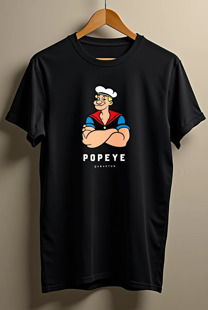 Photo of a plain black t-shirt called GABARTON with the Popeye logo 