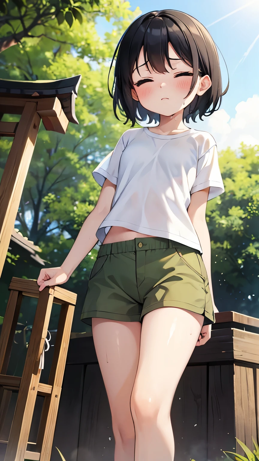 shrine,Are standing,close your eyes,1. small ,short hair,Black Hair,blush,White T-shirt,Olive green shorts,barefoot,White skin,summer,From below,shy,Sweat,sun,Wet,hot,