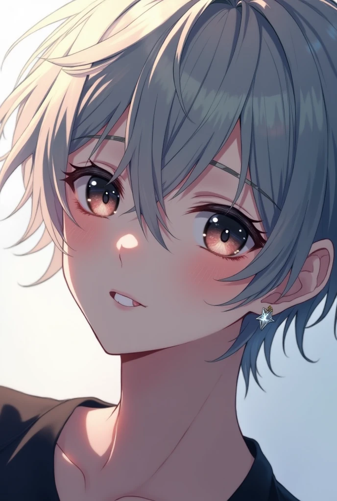 Extremely Handsome young boy with silver hair, beautiful black eyes and ear piercing in Anime image