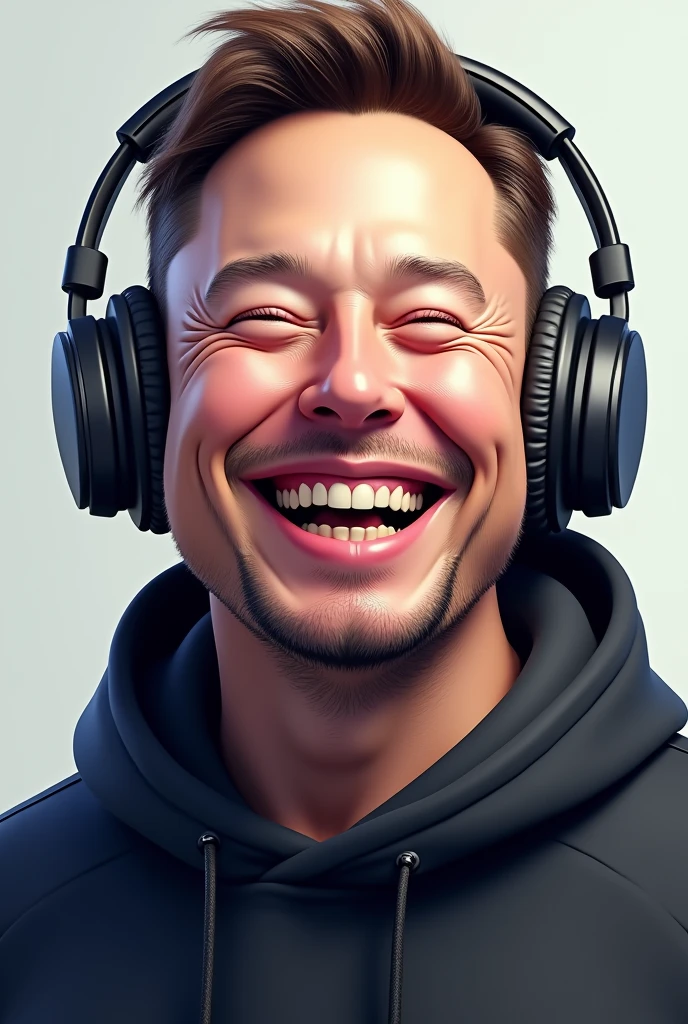 Make a picture of elon musk wearing headphone looking front and laughing face