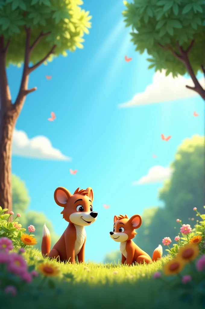 In cinematic 3d cartoon style "with a bright blue sky above and sunlight streaming through the trees. The background is filled with greenery, flowers, and playful animals watching the duo from below.
. "