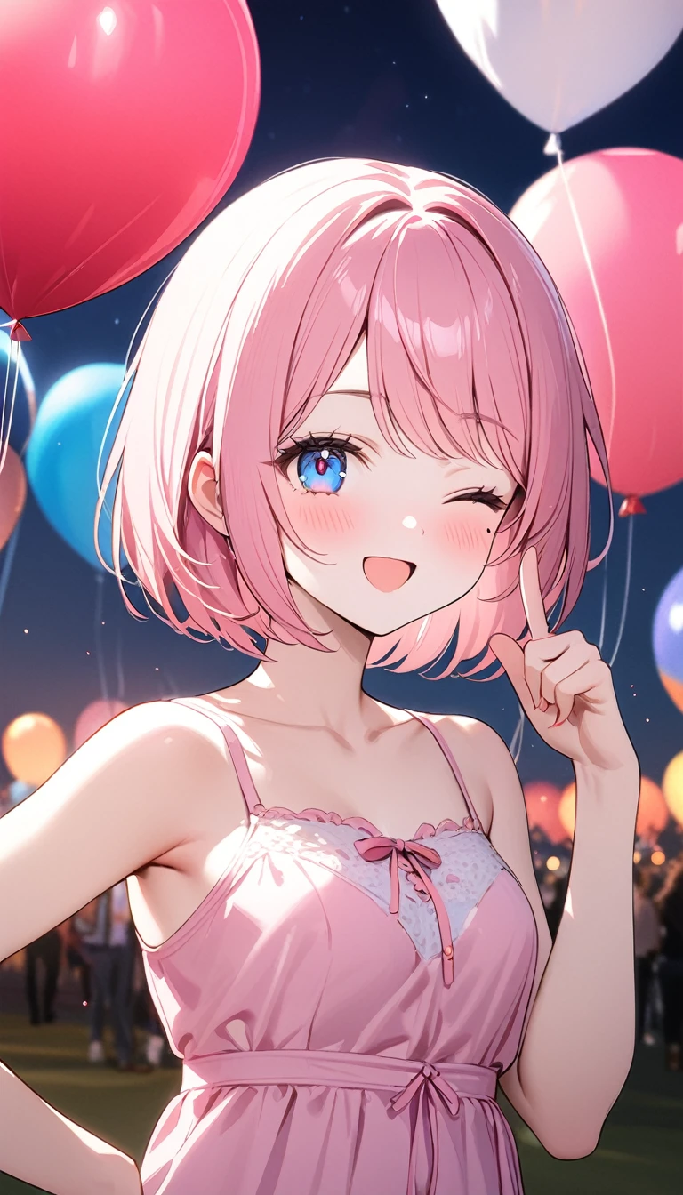 (1 girl),(Best Picture Quality, 8K, Masterpiece:1.3), (high school student:1.5), ((pink lob hair:1.1)), (bob cut),(swept bangs), (cute eyes, pupil black, iris skyblue, youthful face), (mole under right eye), (standard weight), (small breasts),(big hip), (glistening skin:1.1),(pale skin:1.2),(happy:1.3),(one eye closed),(pink sundress),(Albuquerque International Balloon Fiesta),(in the night),((portrait)),(index finger raised).
