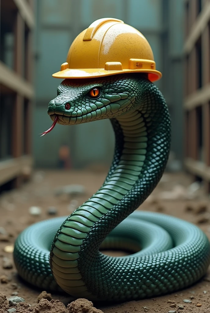 Cobra wearing construction helmet