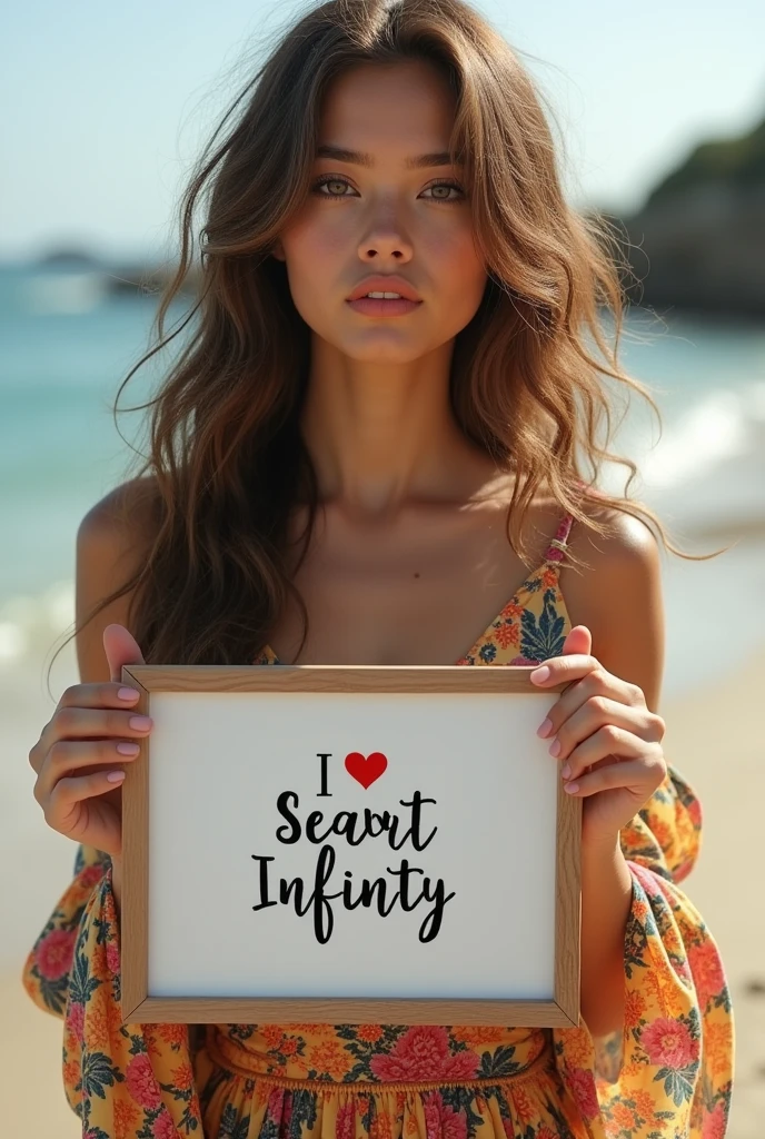 Beautiful girl with wavy long hair, bohemian dress, holding a white board with text "I Love Seaart Infinity" and showing it to the viewer