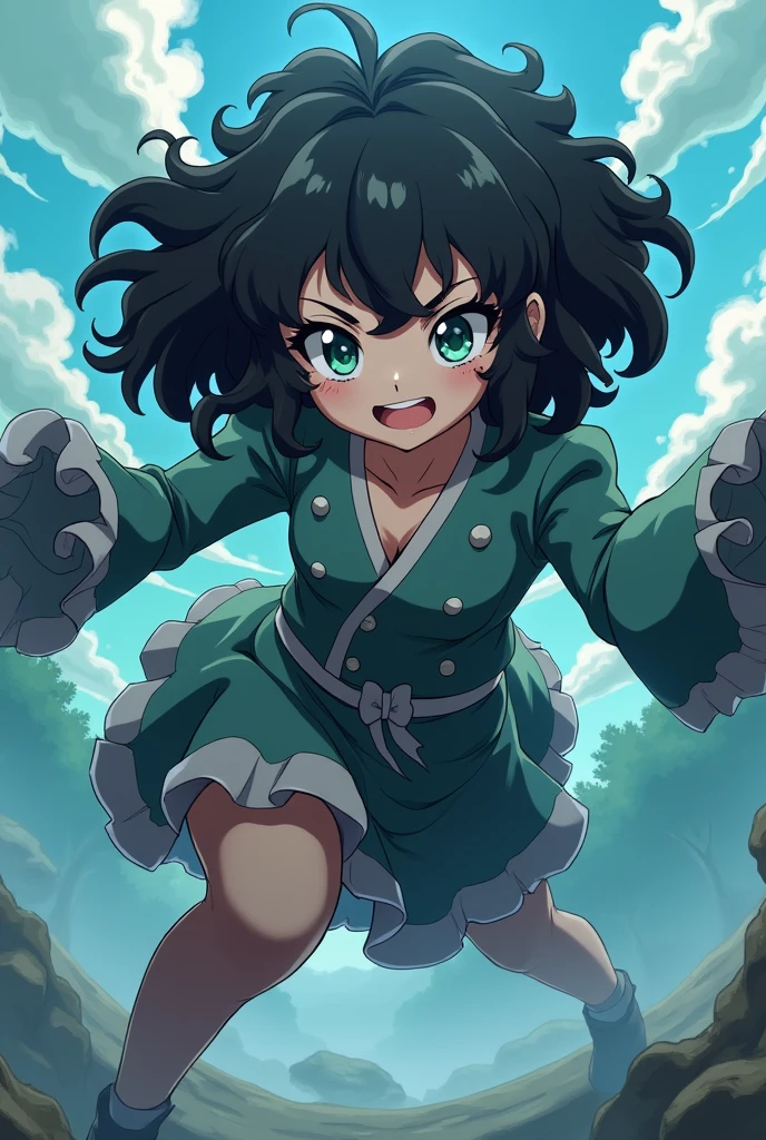 screeshot kimetsu no yaiba anime stlye character, teen woman with black curly hair with gray highlights, aqua eyes and chubby body, in a battle pone in a perspective from underneath
