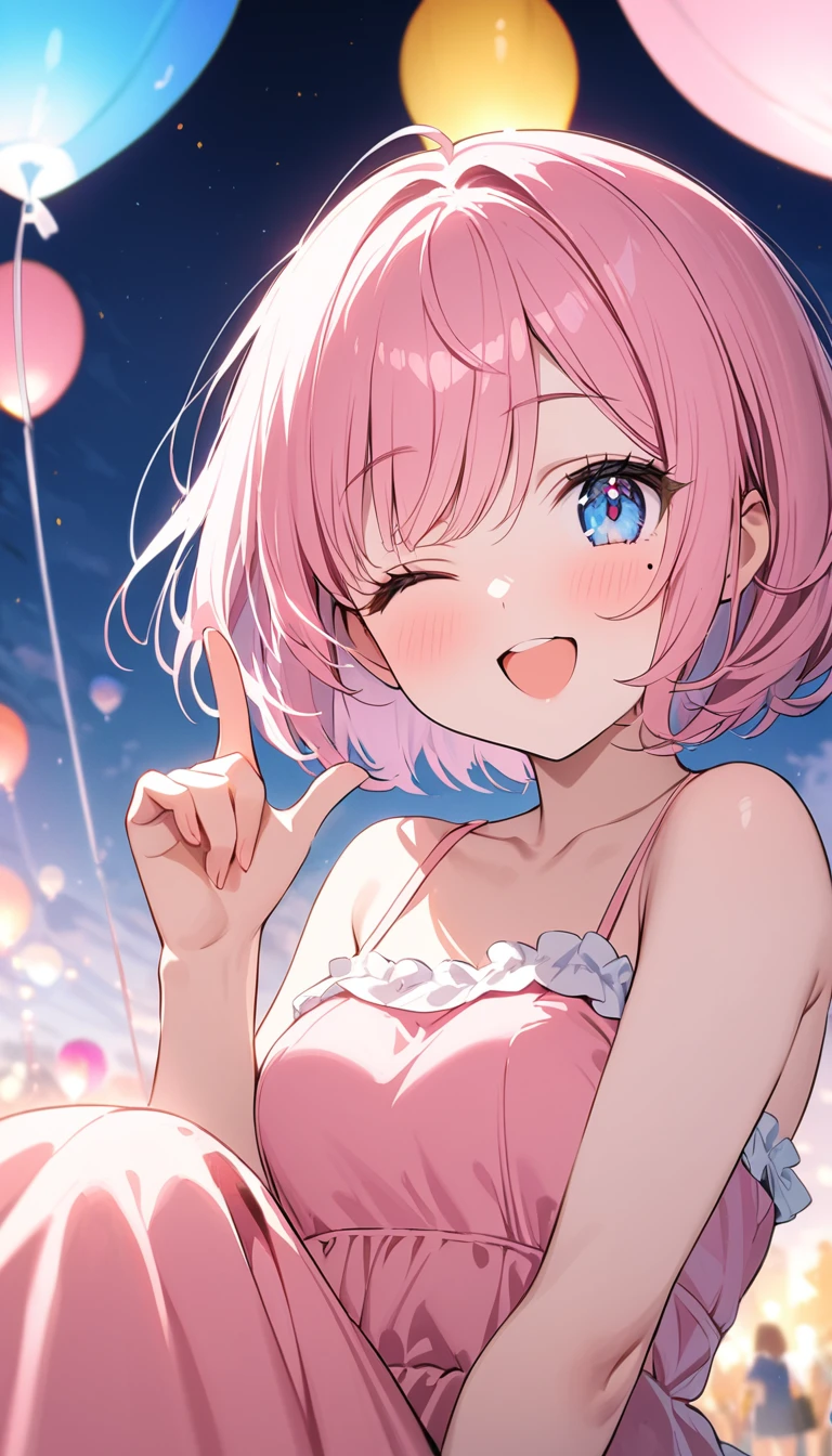 (1 girl),(Best Picture Quality, 8K, Masterpiece:1.3), (high school student:1.5), ((pink lob hair:1.1)), (bob cut),(swept bangs), (cute eyes, pupil black, iris skyblue, youthful face), (mole under right eye), (standard weight), (small breasts),(big hip), (glistening skin:1.1),(pale skin:1.2),(happy:1.3),(one eye closed),(pink sundress),(Albuquerque International Balloon Fiesta),(in the night),((portrait)),(index finger raised).