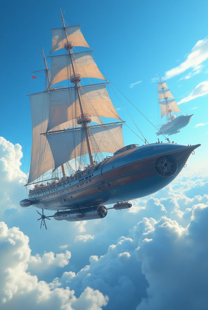 (8k、RAW Photos、Highest quality、masterpiece:1.2)、(Realistic、Realistic)、Blue sky、Ships flying in the sky、Airship、Age of Discovery、Iberian ship、sailboat、propeller