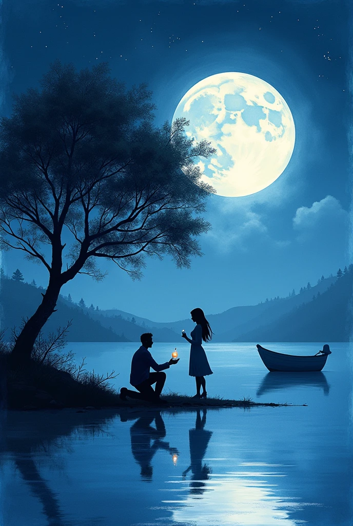 (best quality, high resolution, watercolor, Create a peaceful night scene,, An island of tranquility, Reflecting Lake. There should be a leafy tree on the island, Position slightly off center. The branches should be slightly bent, Some leaves gently fall, adding to the serene ambiance.under the tree, depict a Romantic moment between a couple. Men should kneel down, Take out a ring or small object, Like a marriage proposal. Women should stand before him, Lean forward slightly, May accept the offer. Their figures should be outlines, Contrast with bright background.The night sky should be clear,Full of twinkling stars. Large scale, A bright full moon will dominate the scene, positioned behind Couple and the tree, Casting Soft, A blue light hangs over everything. Moonlight should create long-lasting, Soft reflections of trees, Couple, And islands on the water.Right side of the island, Includes a small wooden rowing boat, Floating on calm waters. The boat should also have an outline, There is a slight reflection on the water.The overall color tone should be mainly dark blue and black, The moon brings soft, The ethereal light that illuminates the entire scene. The atmosphere should be calm, Romantic, A bit mysterious, Focus on the stillness and intimacy of the present moment(((It says Happy Valentine's Day.)))