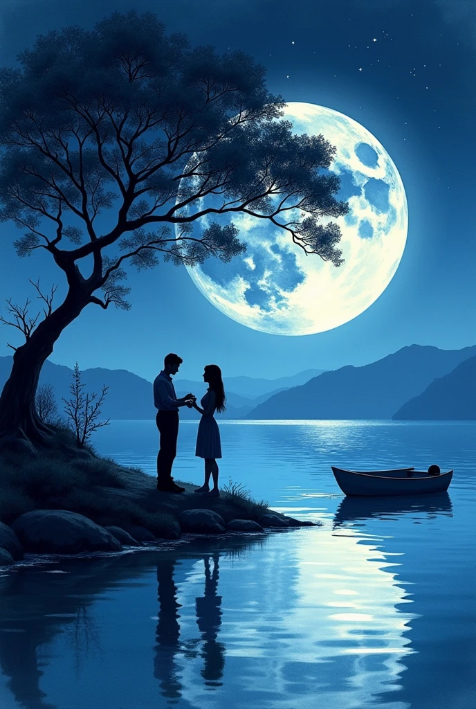 (best quality, high resolution, watercolor, Create a peaceful night scene,, An island of tranquility, Reflecting Lake. There should be a leafy tree on the island, Position slightly off center. The branches should be slightly bent, Some leaves gently fall, adding to the serene ambiance.under the tree, depict a Romantic moment between a couple. Men should kneel down, Take out a ring or small object, Like a marriage proposal. Women should stand before him, Lean forward slightly, May accept the offer. Their figures should be outlines, Contrast with bright background.The night sky should be clear,Full of twinkling stars. Large scale, A bright full moon will dominate the scene, positioned behind Couple and the tree, Casting Soft, A blue light hangs over everything. Moonlight should create long-lasting, Soft reflections of trees, Couple, And islands on the water.Right side of the island, Includes a small wooden rowing boat, Floating on calm waters. The boat should also have an outline, There is a slight reflection on the water.The overall color tone should be mainly dark blue and black, The moon brings soft, The ethereal light that illuminates the entire scene. The atmosphere should be calm, Romantic, A bit mysterious, Focus on the stillness and intimacy of the present moment(((It says Happy Valentine's Day.)))