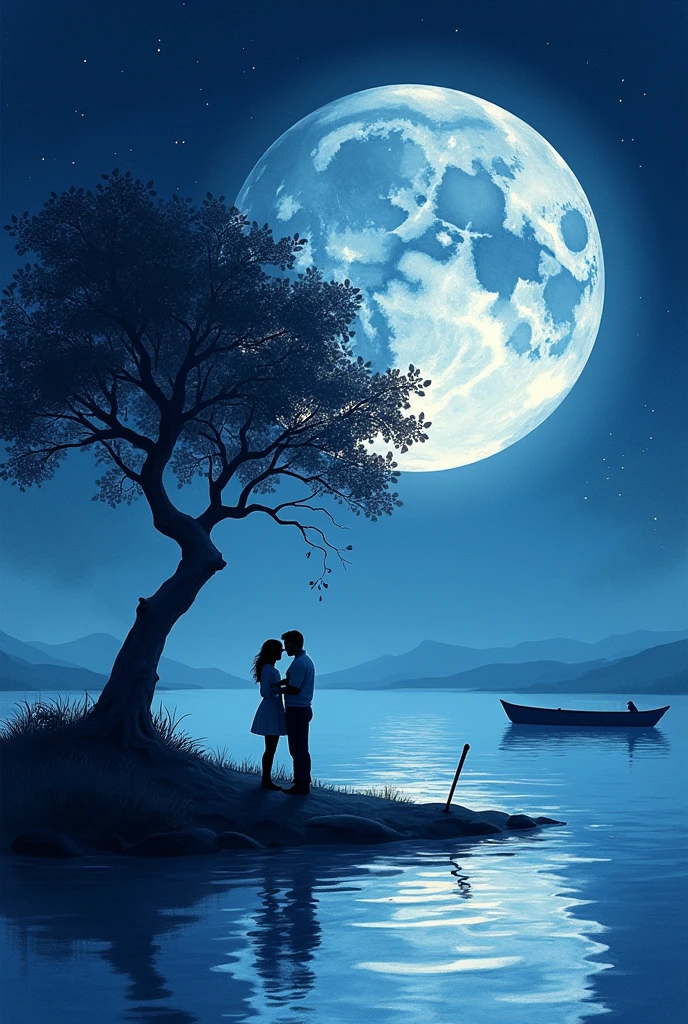 (best quality, high resolution, watercolor, Create a peaceful night scene,, An island of tranquility, Reflecting Lake. There should be a leafy tree on the island, Position slightly off center. The branches should be slightly bent, Some leaves gently fall, adding to the serene ambiance.under the tree, depict a Romantic moment between a couple. Men should kneel down, Take out a ring or small object, Like a marriage proposal. Women should stand before him, Lean forward slightly, May accept the offer. Their figures should be outlines, Contrast with bright background.The night sky should be clear,Full of twinkling stars. Large scale, A bright full moon will dominate the scene, positioned behind Couple and the tree, Casting Soft, A blue light hangs over everything. Moonlight should create long-lasting, Soft reflections of trees, Couple, And islands on the water.Right side of the island, Includes a small wooden rowing boat, Floating on calm waters. The boat should also have an outline, There is a slight reflection on the water.The overall color tone should be mainly dark blue and black, The moon brings soft, The ethereal light that illuminates the entire scene. The atmosphere should be calm, Romantic, A bit mysterious, Focus on the stillness and intimacy of the present moment(((It says Happy Valentine's Day.)))