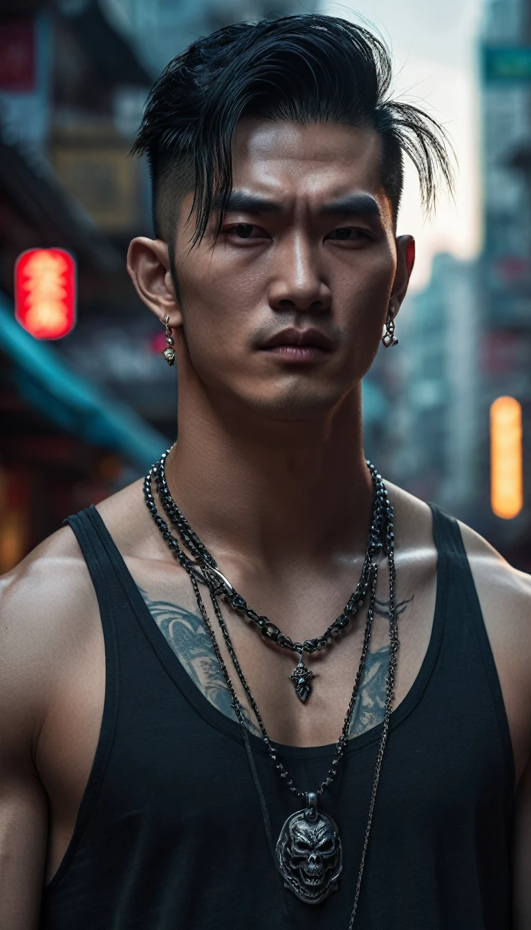 ((Close-up)), male vampire, half human, half beast, extremely handsome, , muscular, tattooed, wearing a necklace, high ponytail, street scene, gangster style, romantic, Hong Kong cinema. Eyes filled with sadness and longing. Cinematic light, high detail, 8k, artstation, artistic concept, any virtual darkness. Photo taken with Canon EOS R5 85mm f/11 camera, ((sharp)) mode. Image quality ((8K)), ((realistic)), ((masterpiece)), ((sharpest and highest contrast)), ((excellent depth of field)), ((stereoscopic light)), detailed pore defect, ((looking straight at the camera))