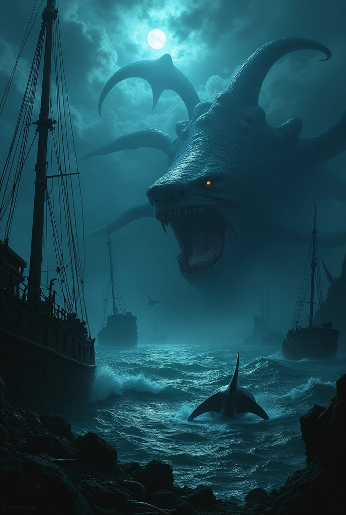 masterpiece, best quality, deep sea, huge monster with many eyes, sailboats, horror, realism, colourful, cosmic horror, greg rutkowski, dark