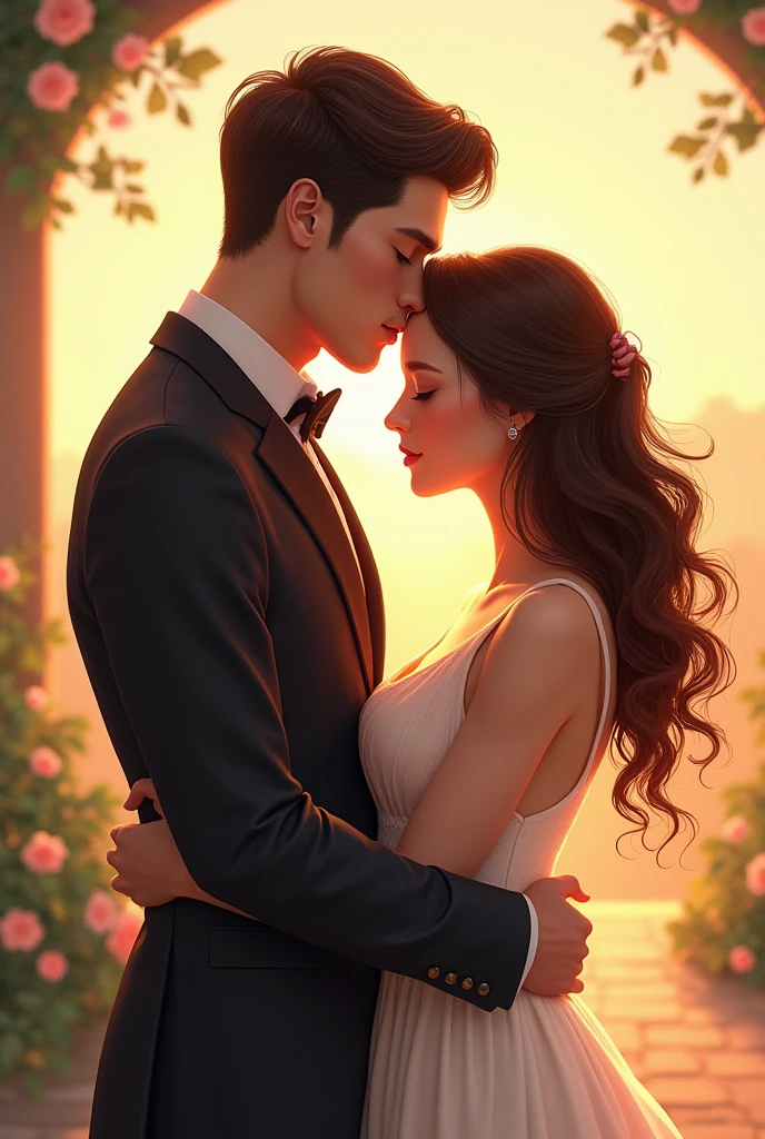 A couple a men is wearing blazor with her wife waring western dress with beautiful wavey hair one man and one woman  man have stright nose and good body also the women have small nose  man kissing her on forhead