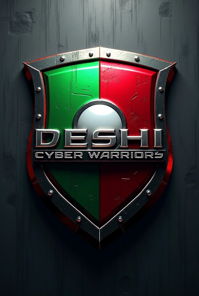 "A digital emblem featuring a shield that is vertically split into two halves. The left half of the shield is green, and the right half is red, with a white circle placed at the center where the two colors meet. The text "DESHI CYBER WARRIORS' is displayed in bold, metallic, 3D letters across the shield. The shield is surrounded by futuristic metallic accents on a textured gray background, adding depth and a sleek, modern look to the design."