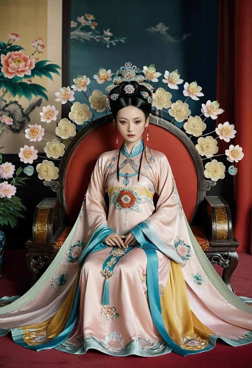 A gorgeous nude empress from the Chinese imperial court during the Qing Dynasty. She sits on a sofa with her legs spread, her hair in ponytails, a gorgeous Chinese empress crown, a flower hairpin, and her hair tied up and pulled up.