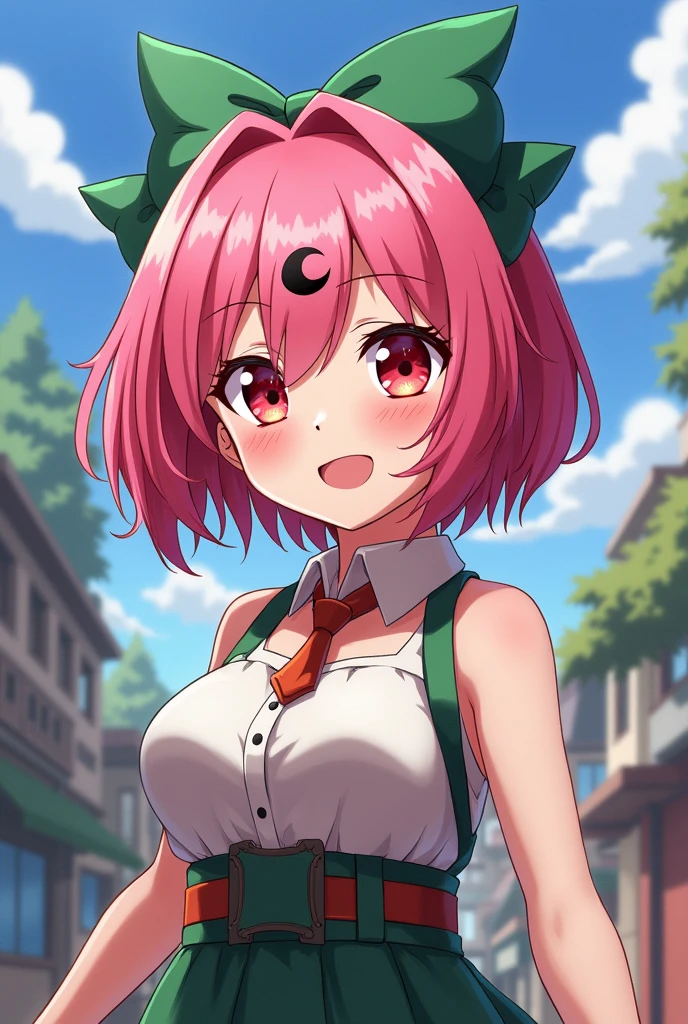 A female character from the anime Boku no hero academy who has the following short pink hair , who has two green bows in her hair. The character has red eyes . On her forehead she has a black crescent moon symbol and she is chubby..