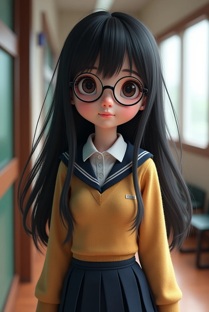 Girl with long black hair with glasses and school clothes in 3D