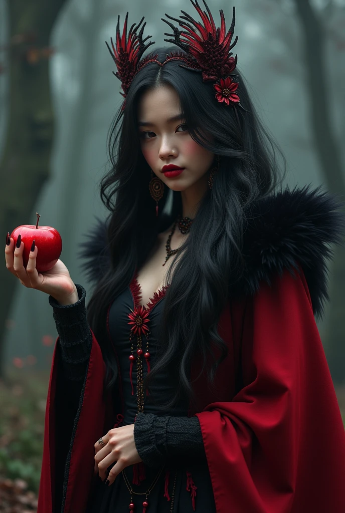 ((RAW Photo), absurd, (absurdresolution)), masterpiece, best quality, (Extremely detailed 8k unity CG wallpaper), (best illustration), (best shadow), Realistic lighting, beautiful detailed glow, ((21 years old)), girl, long black hair, black queen, accessories, apple in hand, poisoned apples, witch queen, red lipstick, (((Photographic Perspective of her)))