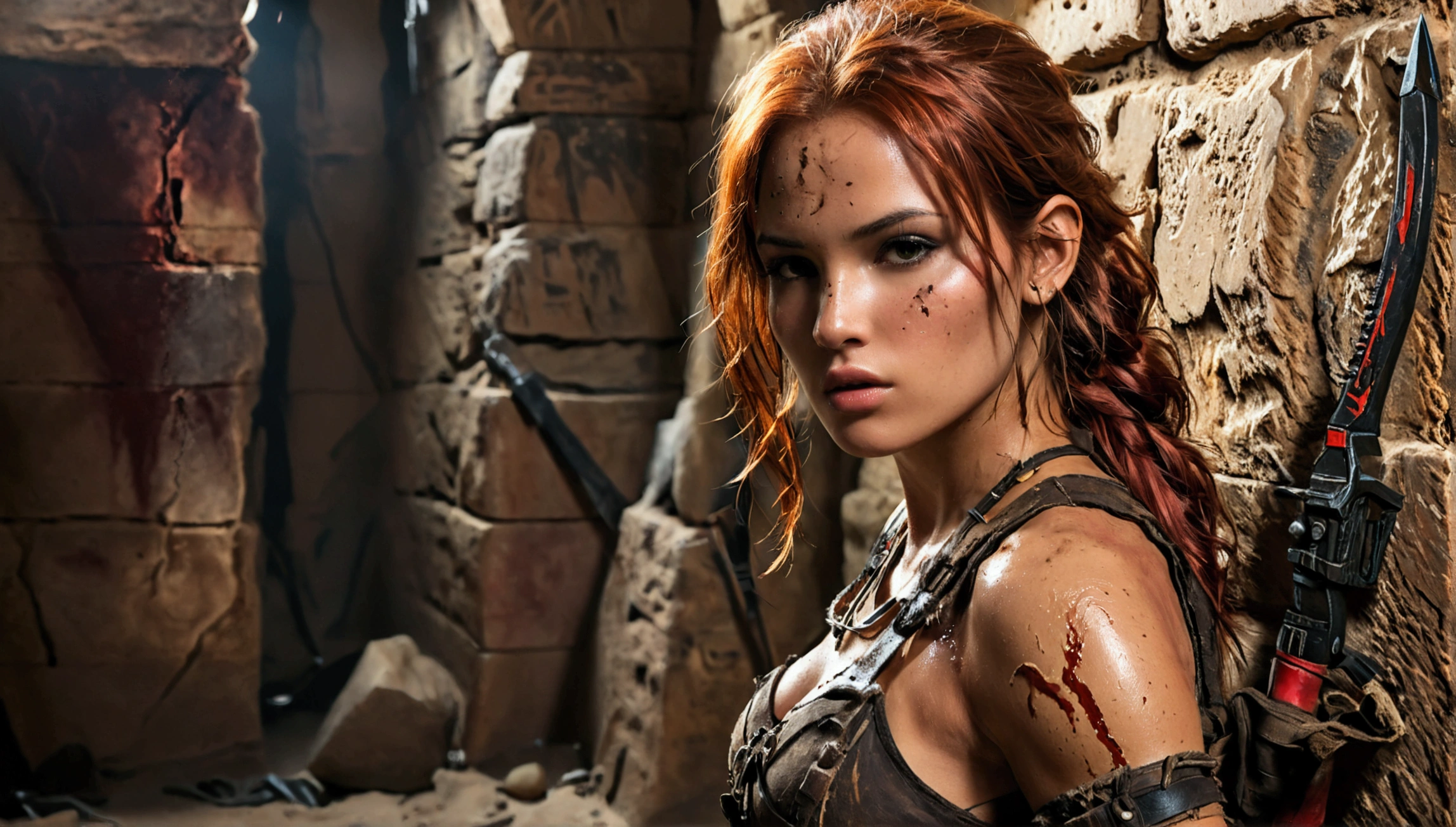 (full body shot:1) photorealistic image of a (standing pose:1) woman, ultrarealistic, photography, long red hair, woman, 24 years old, hourglass figure, perfect body, Flirty look, natural medium breasts, blur background, Full body picture, Lara Croft costume with slightly shiny tanned skin dressed in a Lara Croft outfit, with a very ripped and torn blouse with a plunging neckline, pushed down over her right shoulder; pitchblack dark room inside of a large Egyptian pyramid. Her skin and clothes are dirty with mud. A large dark menacing shadow moves in the background, she has small bloody scratches on her body, she wears brown boots, she is armed with a bow and arrows, sideview, side view, action shot, cinematic shot