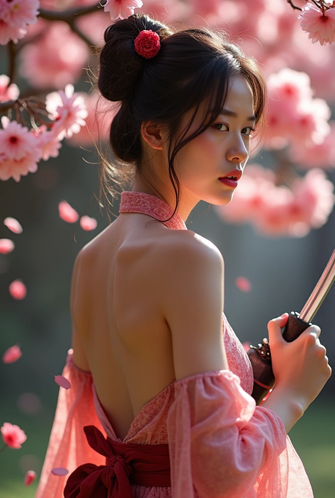 naked asian woman with katana on which sakura petals fall